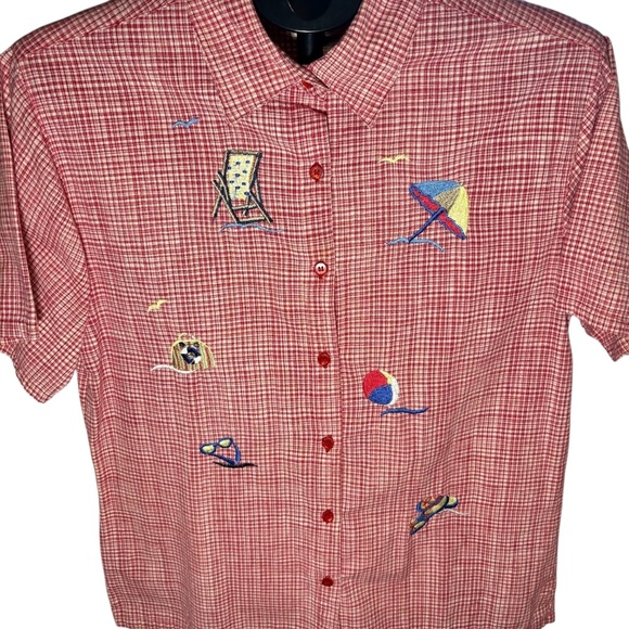 Vintage Bobbie Brooks Short Sleeve Woman's Button up Beach Them Red Plaid LARGE - Picture 2 of 6